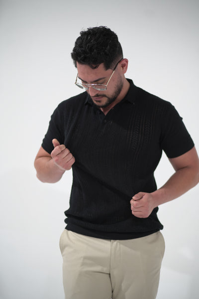 Jet Black Pointelle Knitted Cotton Polo