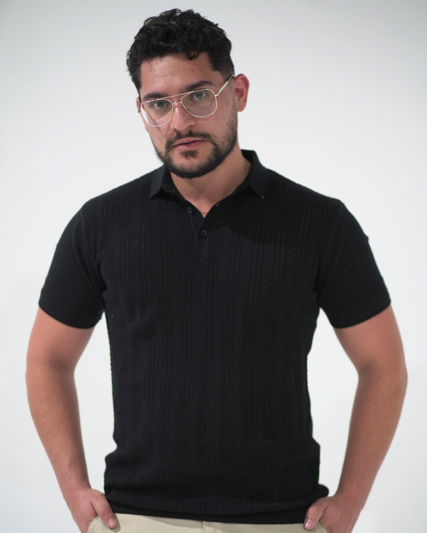 Jet Black Pointelle Knitted Cotton Polo