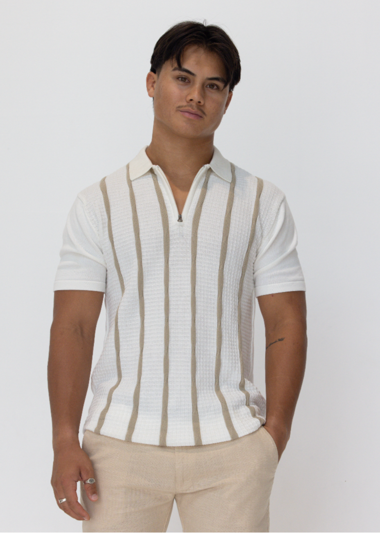 Premium Textured Strip Knit Cotton Zip Polo