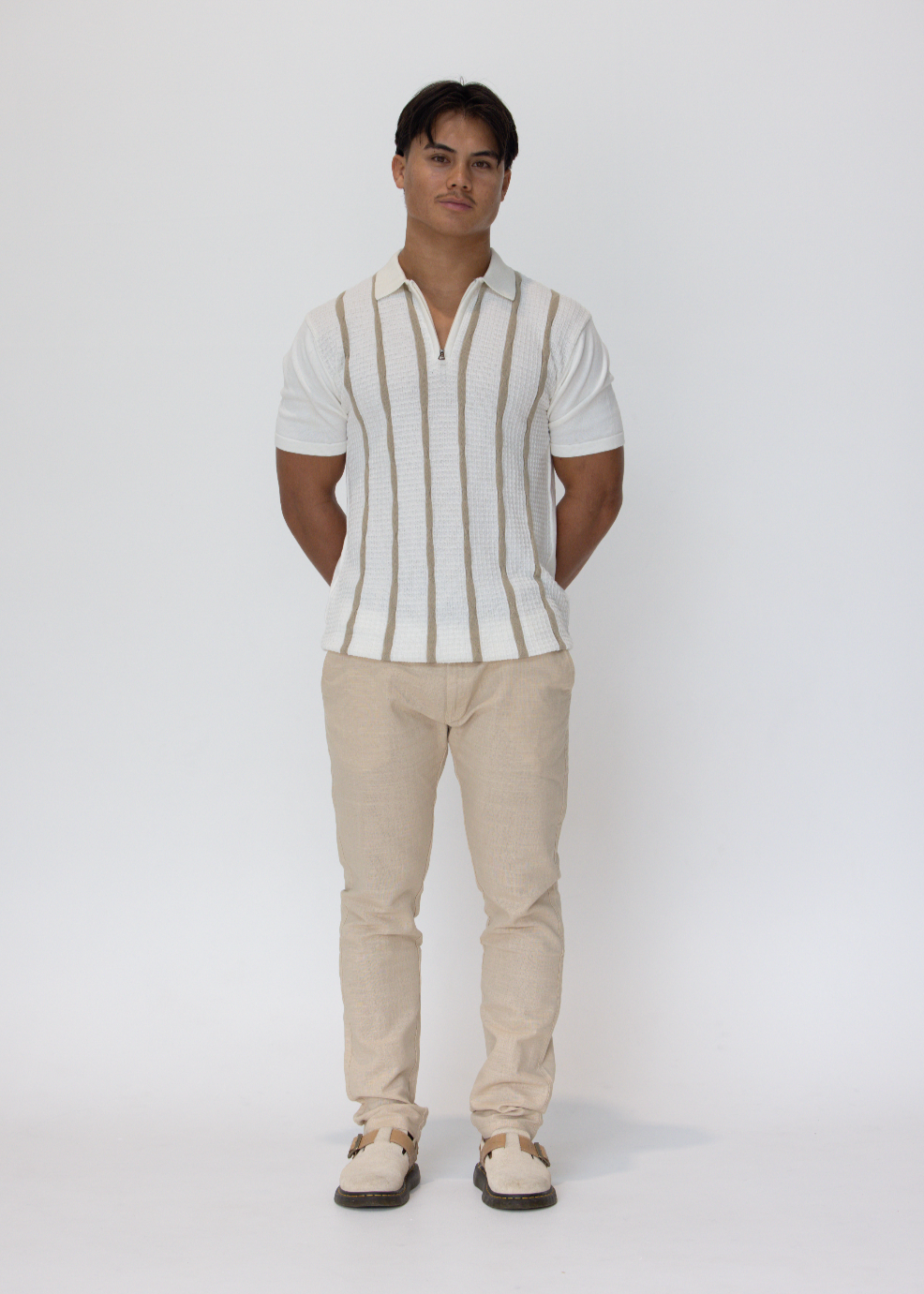 Premium Textured Strip Knit Cotton Zip Polo