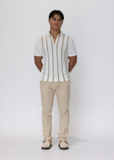 Premium Textured Strip Knit Cotton Zip Polo