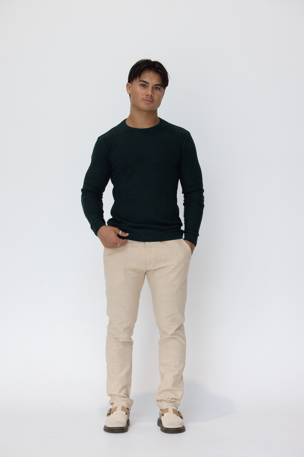 Forest Green Knit Cotton Crew Neck - Full-Sleeve