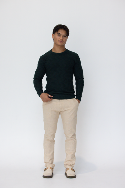 Forest Green Knit Cotton Crew Neck - Full-Sleeve