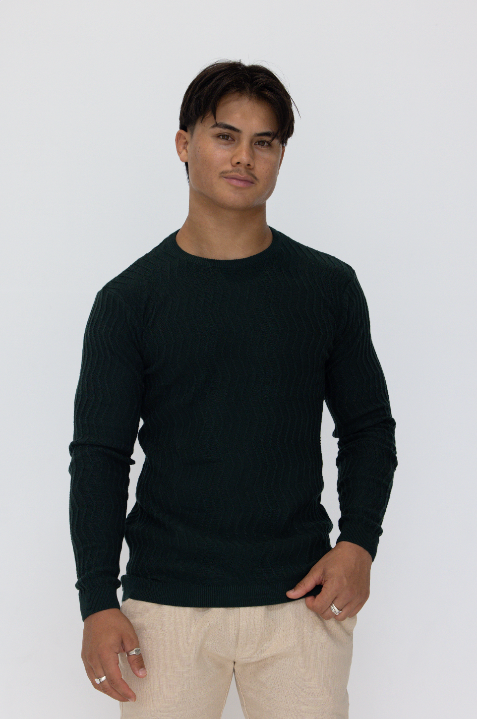 Forest Green Knit Cotton Crew Neck - Full-Sleeve