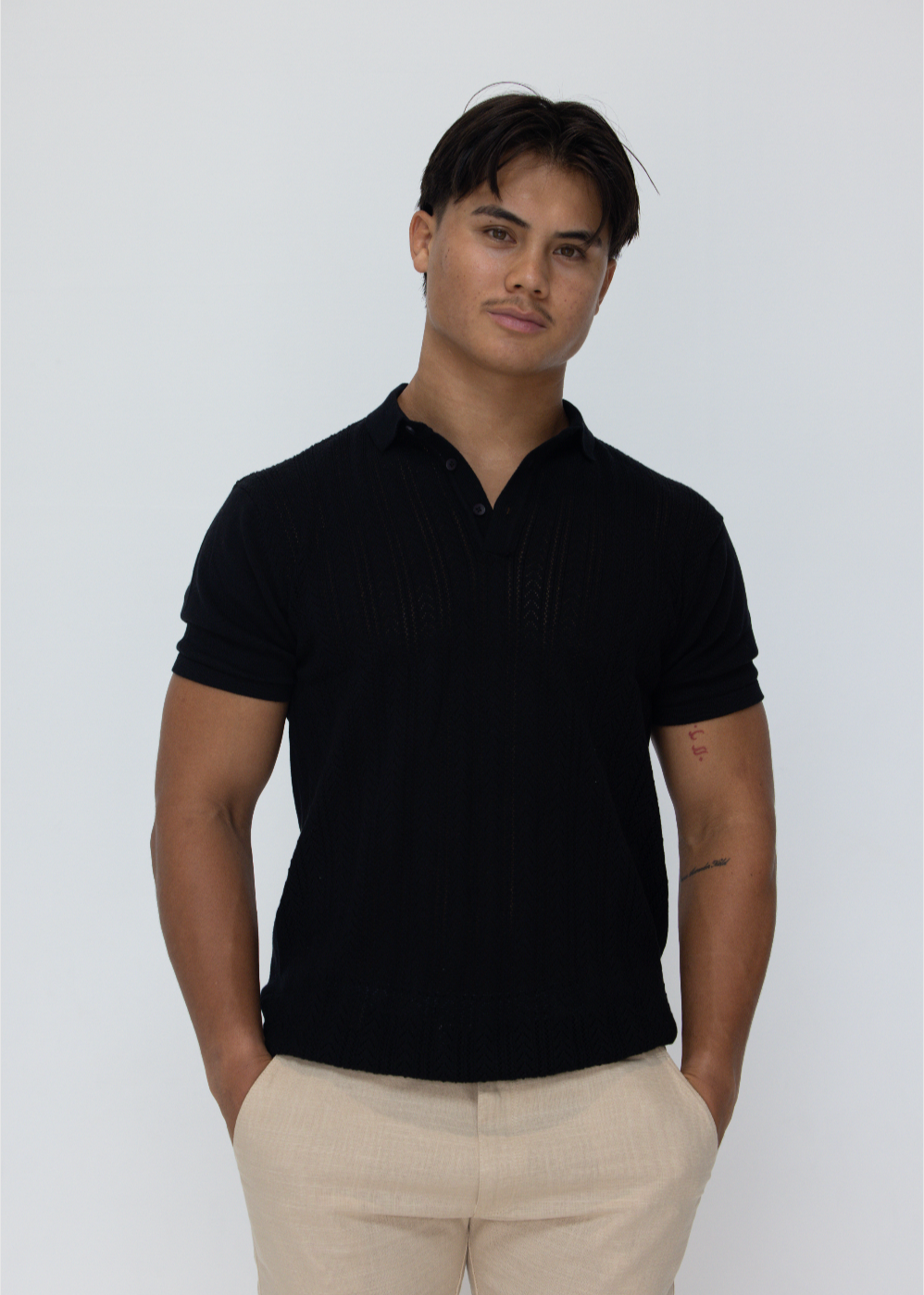 Jet Black Pointelle Knitted Cotton Polo