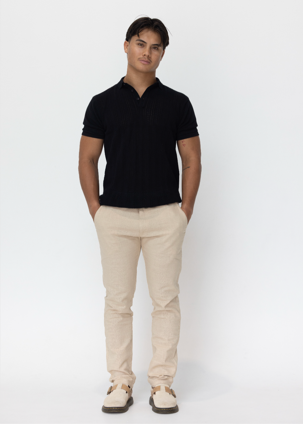 Jet Black Pointelle Knitted Cotton Polo