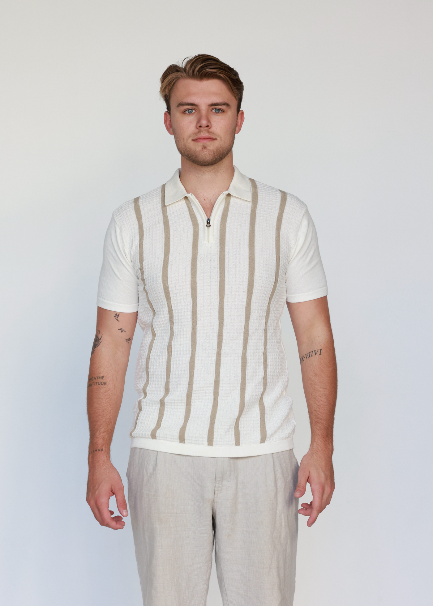 Premium Textured Strip Knit Cotton Zip Polo