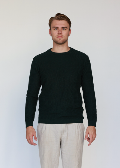 Forest Green Knit Cotton Crew Neck - Full-Sleeve