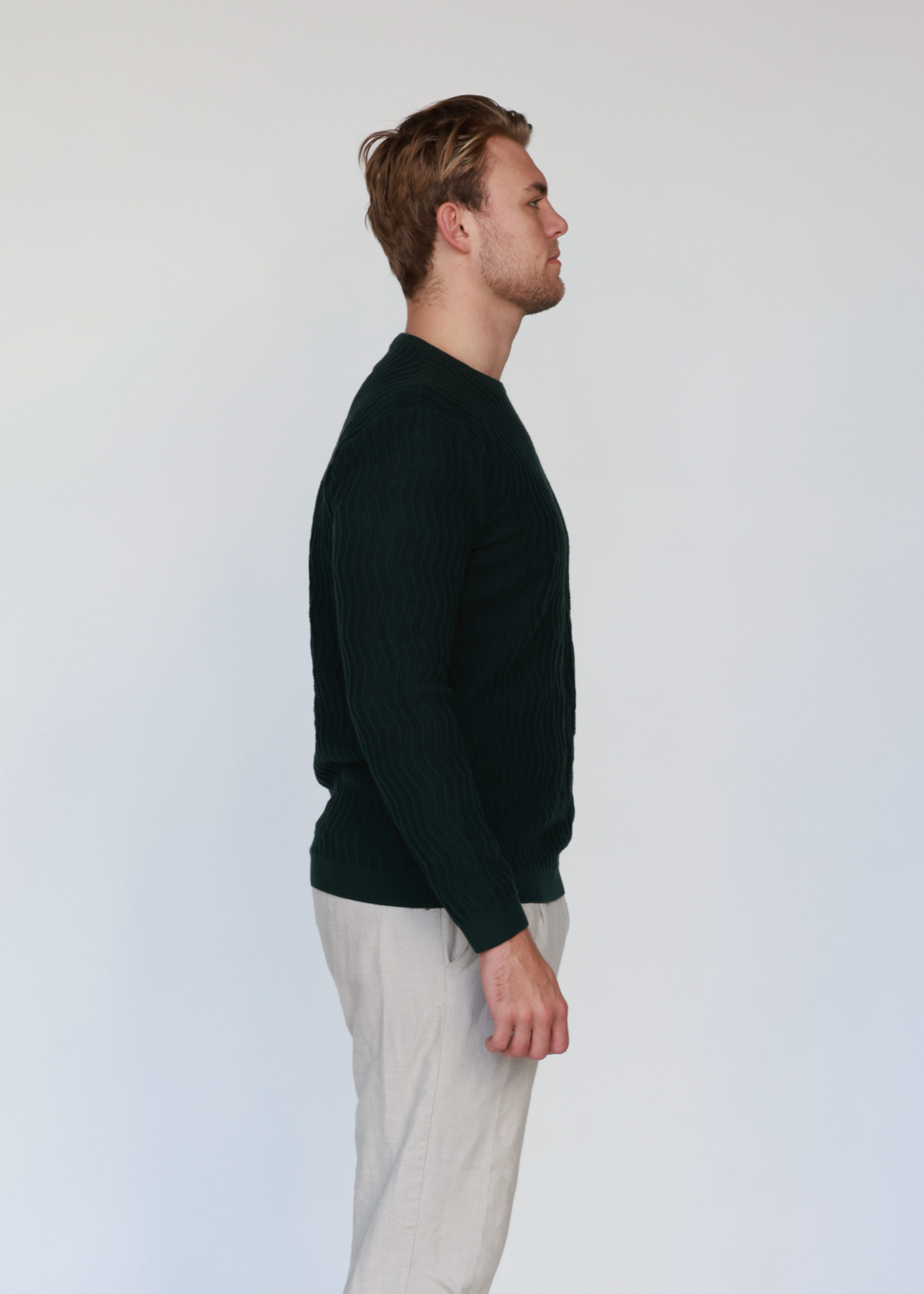 Forest Green Knit Cotton Crew Neck - Full-Sleeve