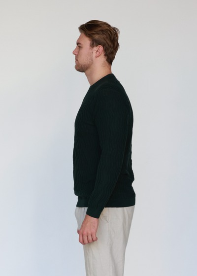 Forest Green Knit Cotton Crew Neck - Full-Sleeve