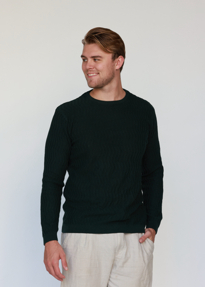 Forest Green Knit Cotton Crew Neck - Full-Sleeve