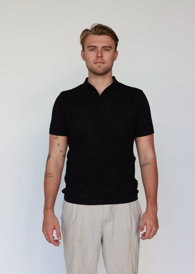 Jet Black Pointelle Knitted Cotton Polo