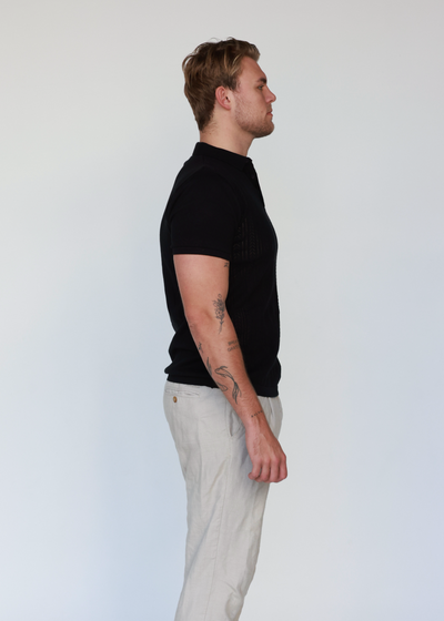 Jet Black Pointelle Knitted Cotton Polo