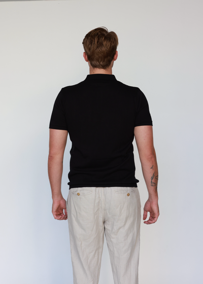 Jet Black Pointelle Knitted Cotton Polo