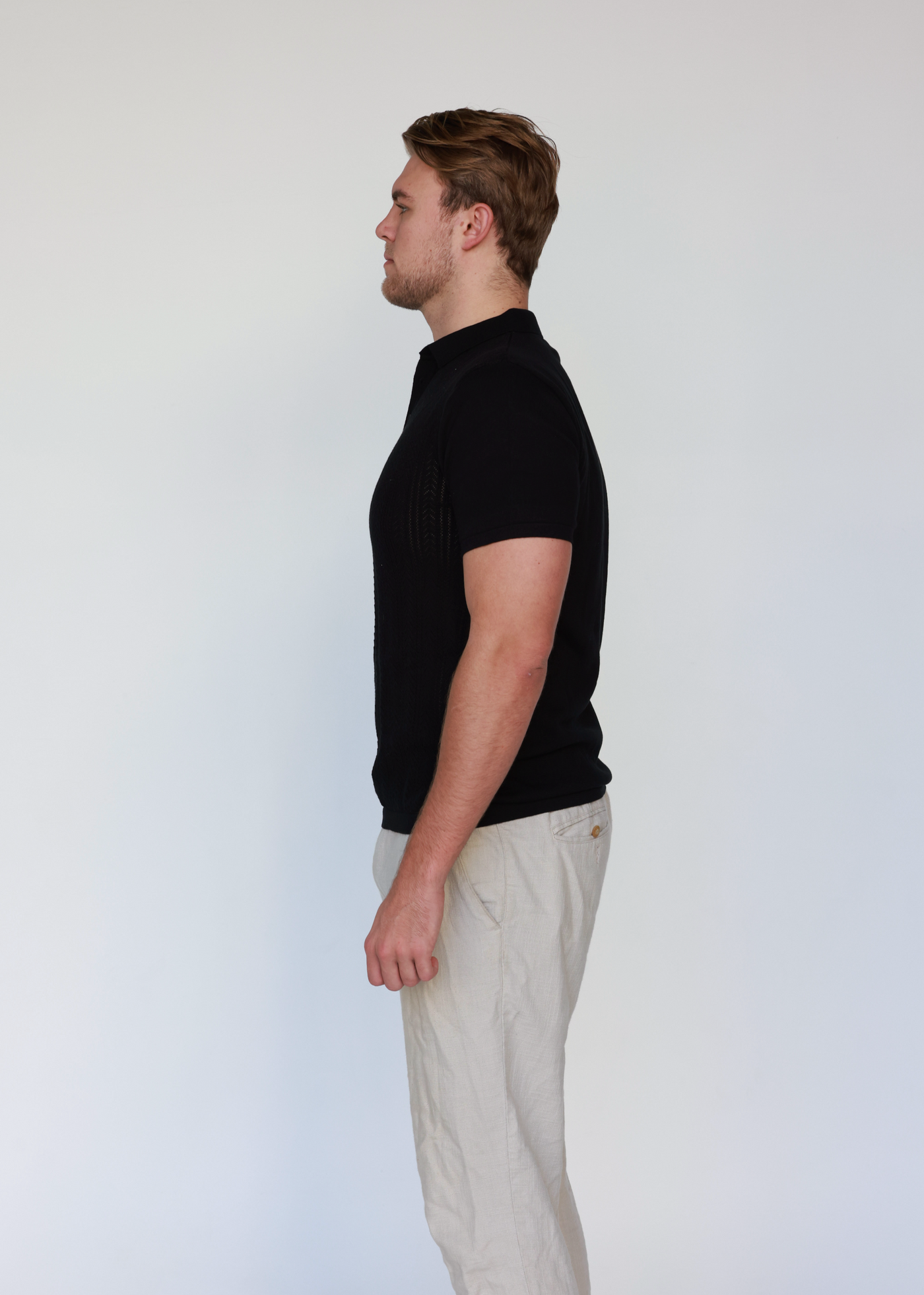 Jet Black Pointelle Knitted Cotton Polo