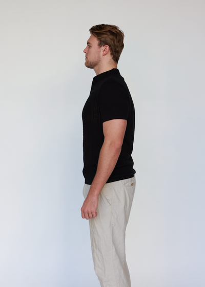 Jet Black Pointelle Knitted Cotton Polo