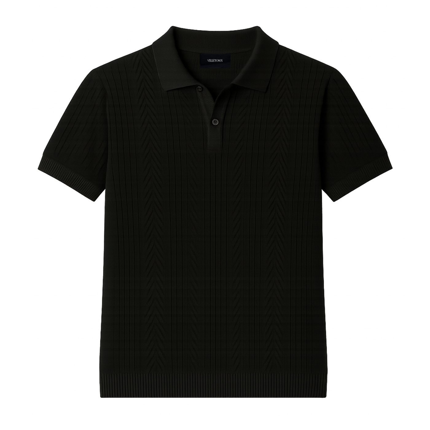Jet Black Pointelle Knitted Cotton Polo