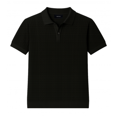 Jet Black Pointelle Knitted Cotton Polo