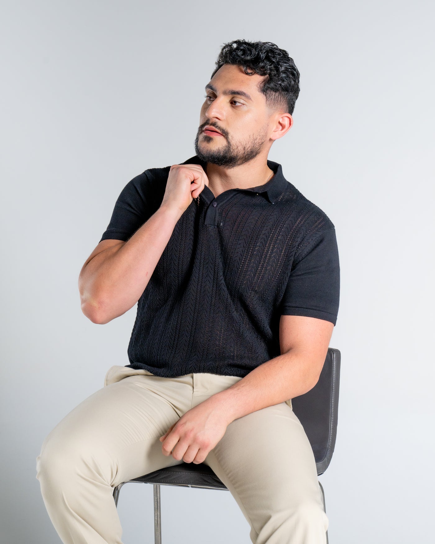 Jet Black Pointelle Knitted Cotton Polo