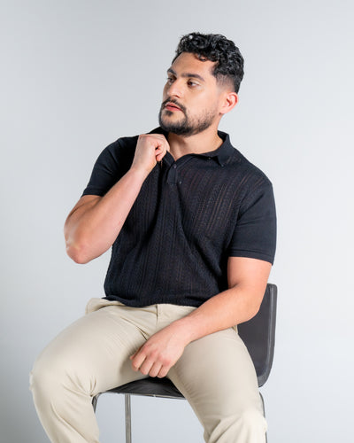 Jet Black Pointelle Knitted Cotton Polo