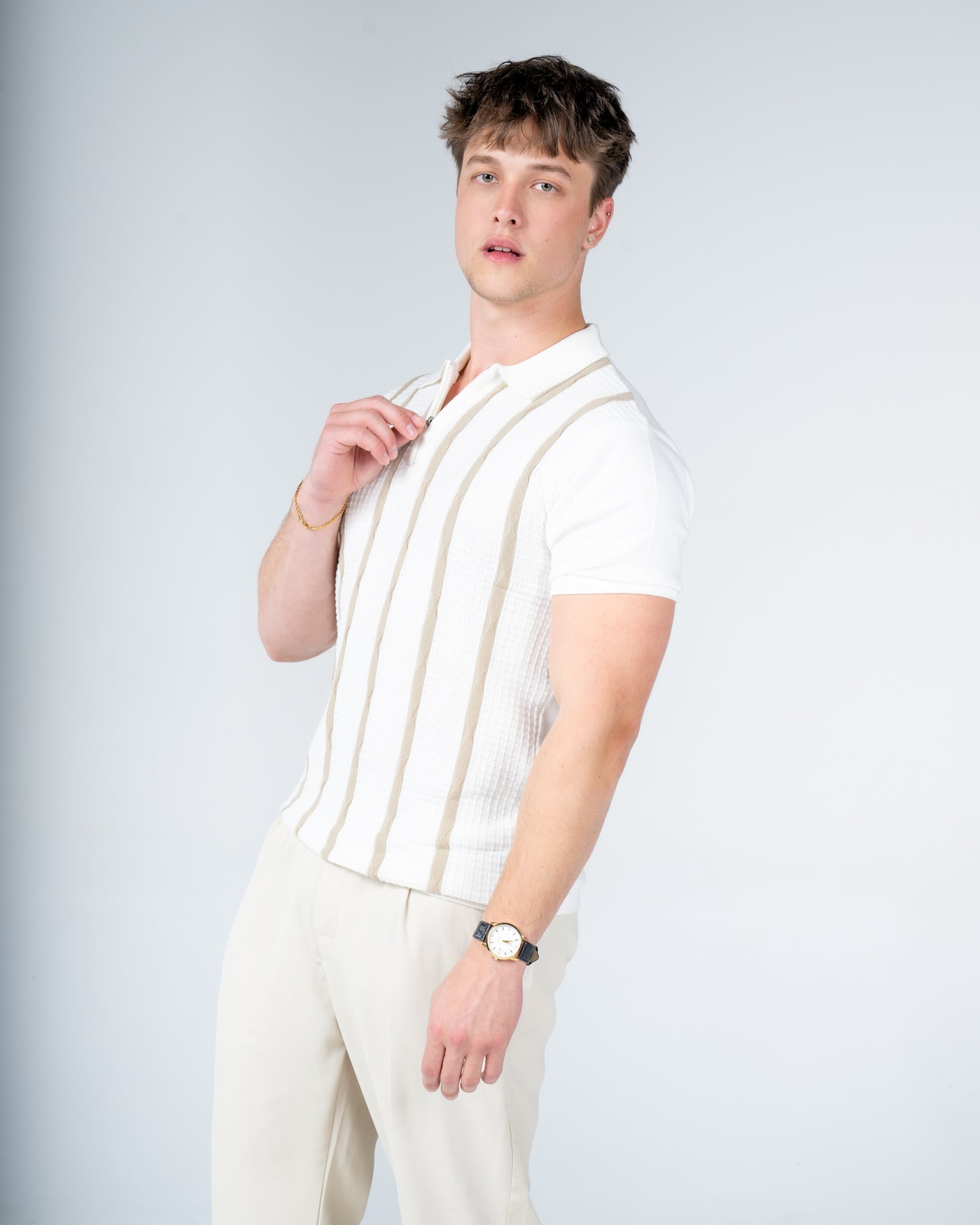 Premium Textured Strip Knit Cotton Zip Polo