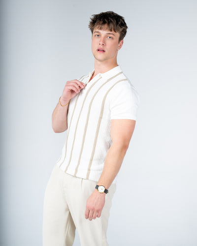 Premium Textured Strip Knit Cotton Zip Polo