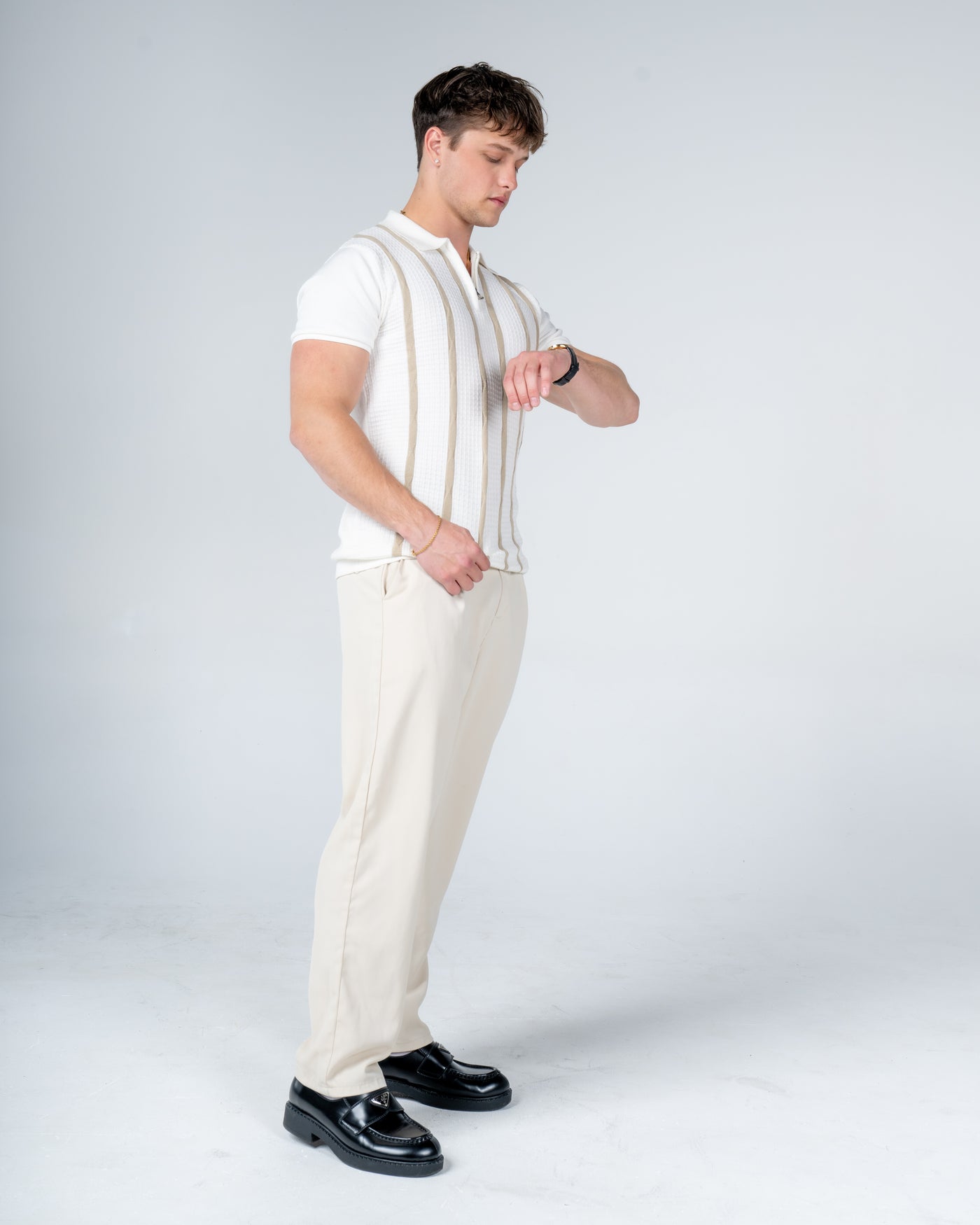 Premium Textured Strip Knit Cotton Zip Polo