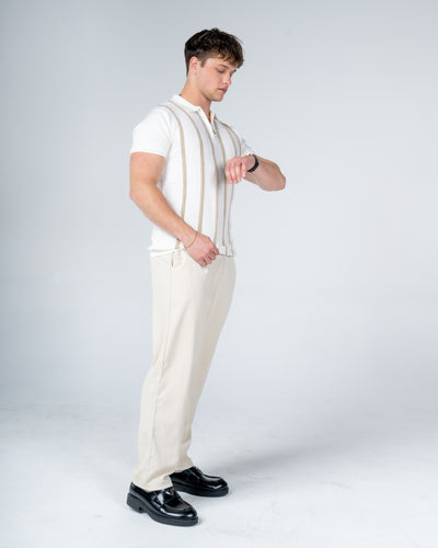 Premium Textured Strip Knit Cotton Zip Polo