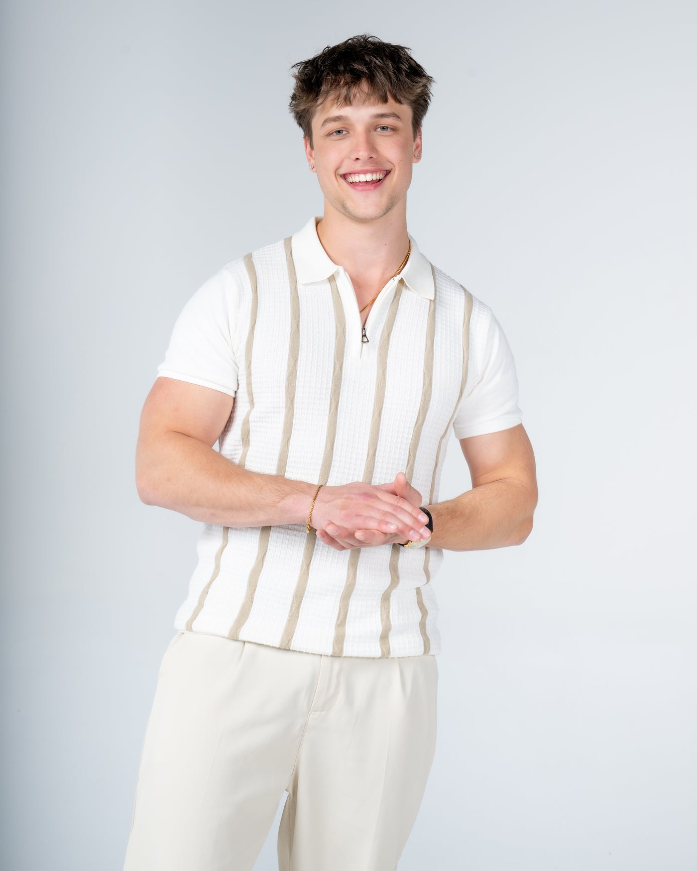Premium Textured Strip Knit Cotton Zip Polo