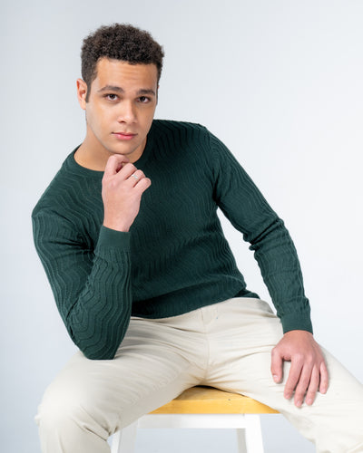 Forest Green Knit Cotton Crew Neck - Full-Sleeve