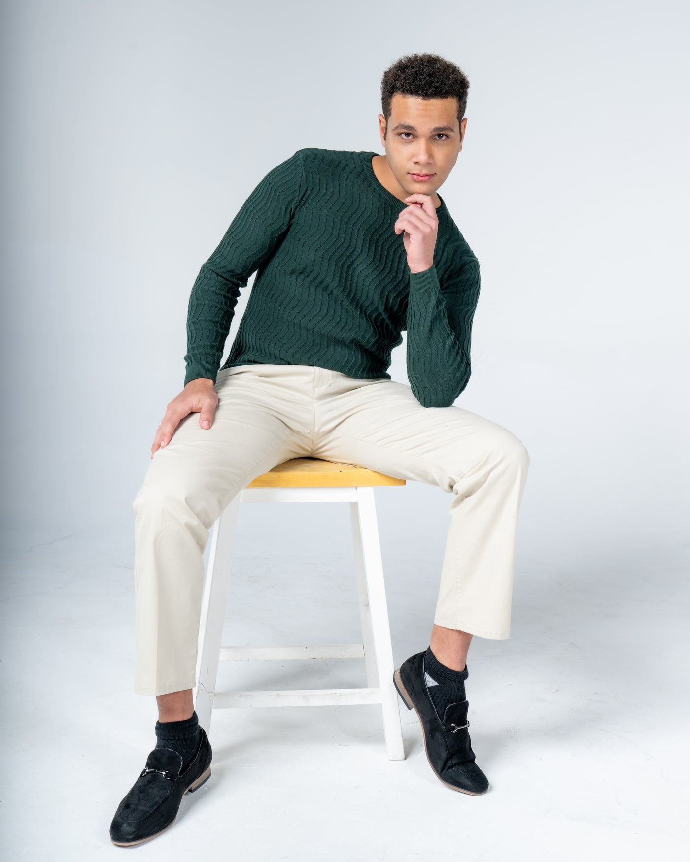 Forest Green Knit Cotton Crew Neck - Full-Sleeve