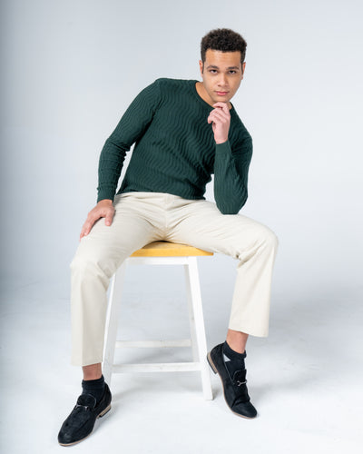 Forest Green Knit Cotton Crew Neck - Full-Sleeve