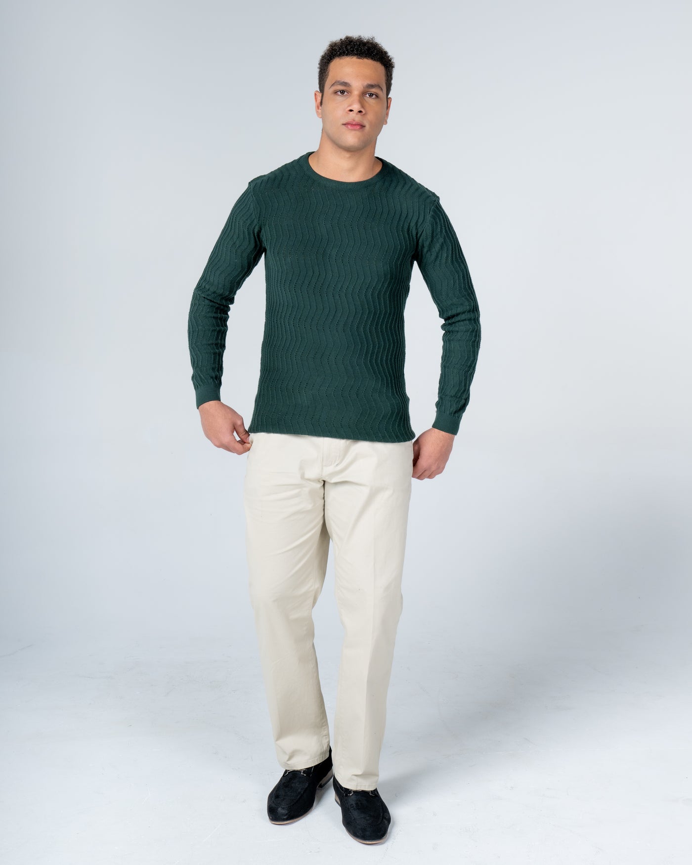 Forest Green Knit Cotton Crew Neck - Full-Sleeve