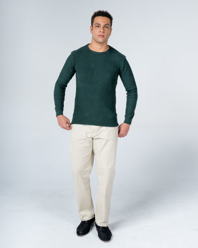 Forest Green Knit Cotton Crew Neck - Full-Sleeve