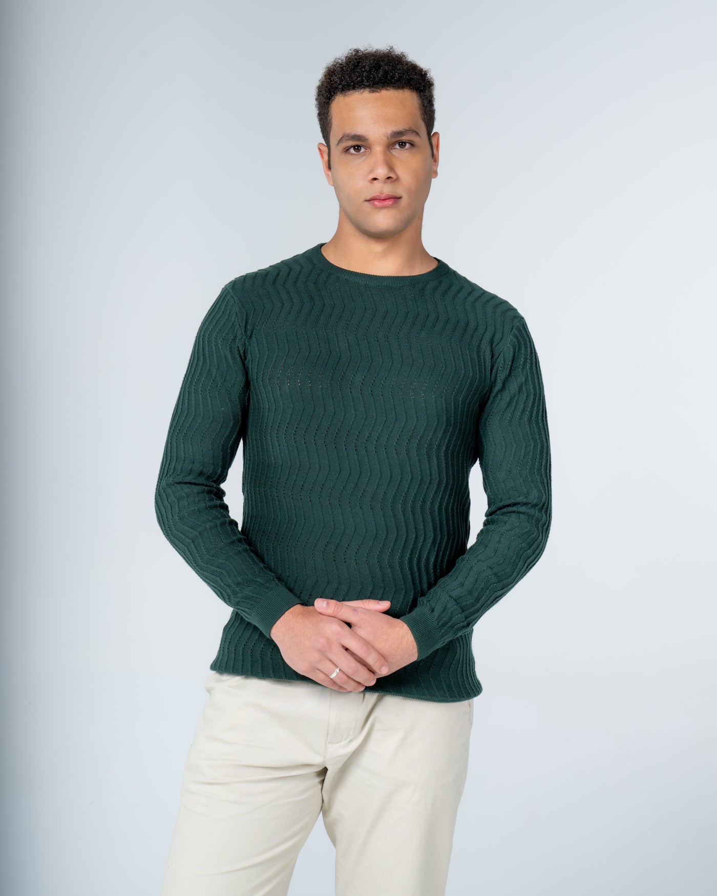 Forest Green Knit Cotton Crew Neck - Full-Sleeve