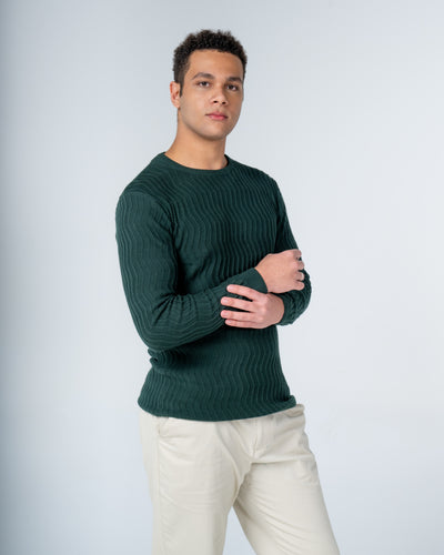 Forest Green Knit Cotton Crew Neck - Full-Sleeve