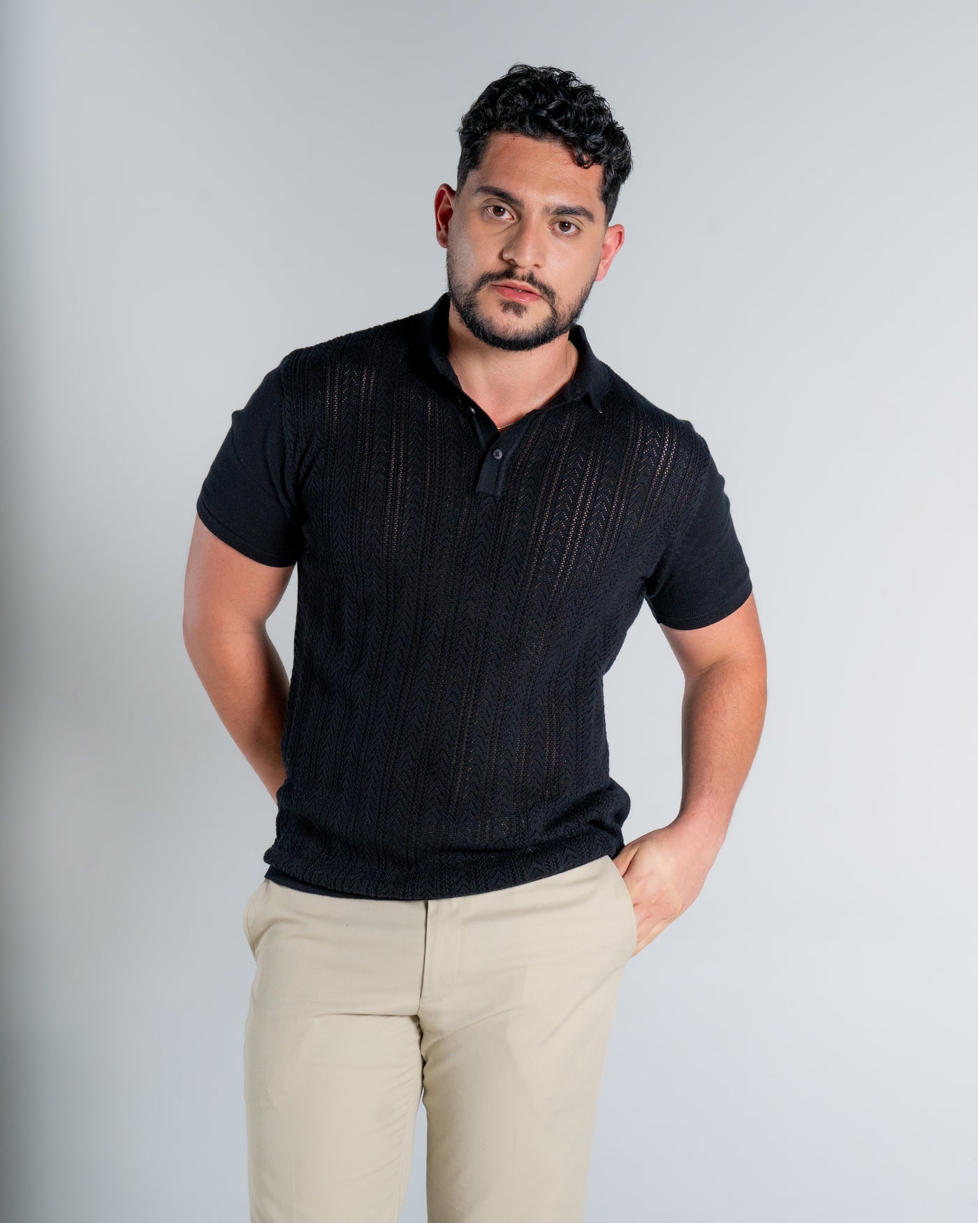 Jet Black Pointelle Knitted Cotton Polo