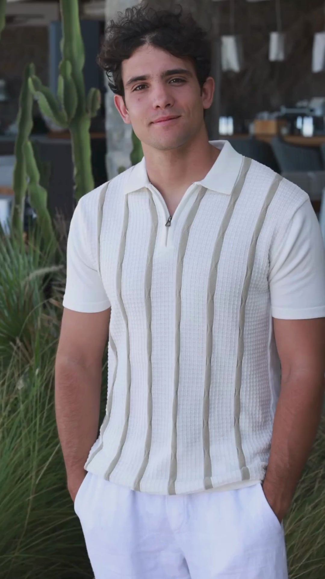 Premium Textured Strip Knit Cotton Zip Polo